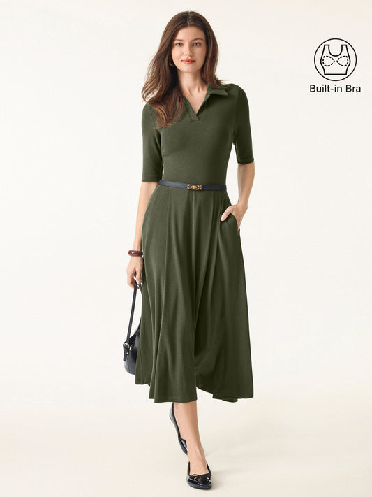OGLmove Women's Polo Neck Elbow-Sleeve Midi Bra Dress