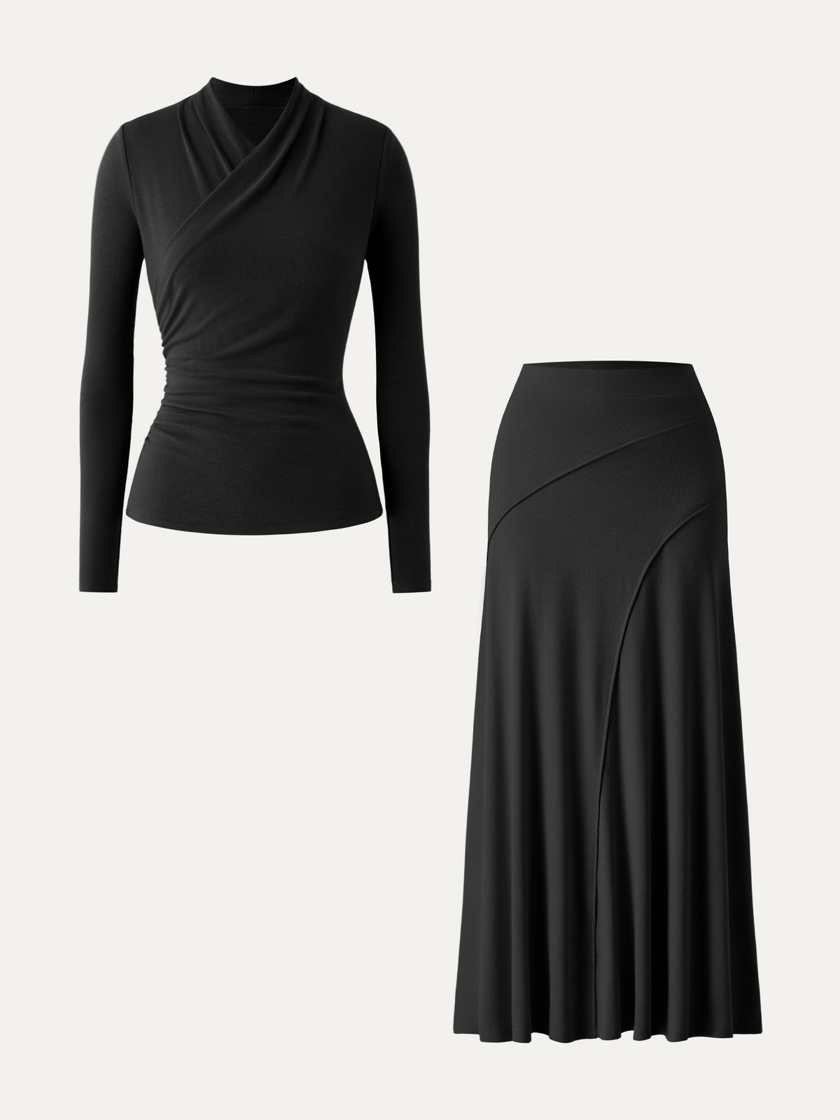 OGLmove Women's Surplice Long Sleeve Top & A-Line Midi Skirt Set