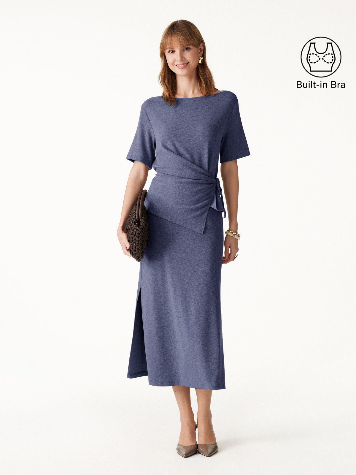 OGLmove Women's Tie-Side Top and Side-Slit Midi Skirt Set