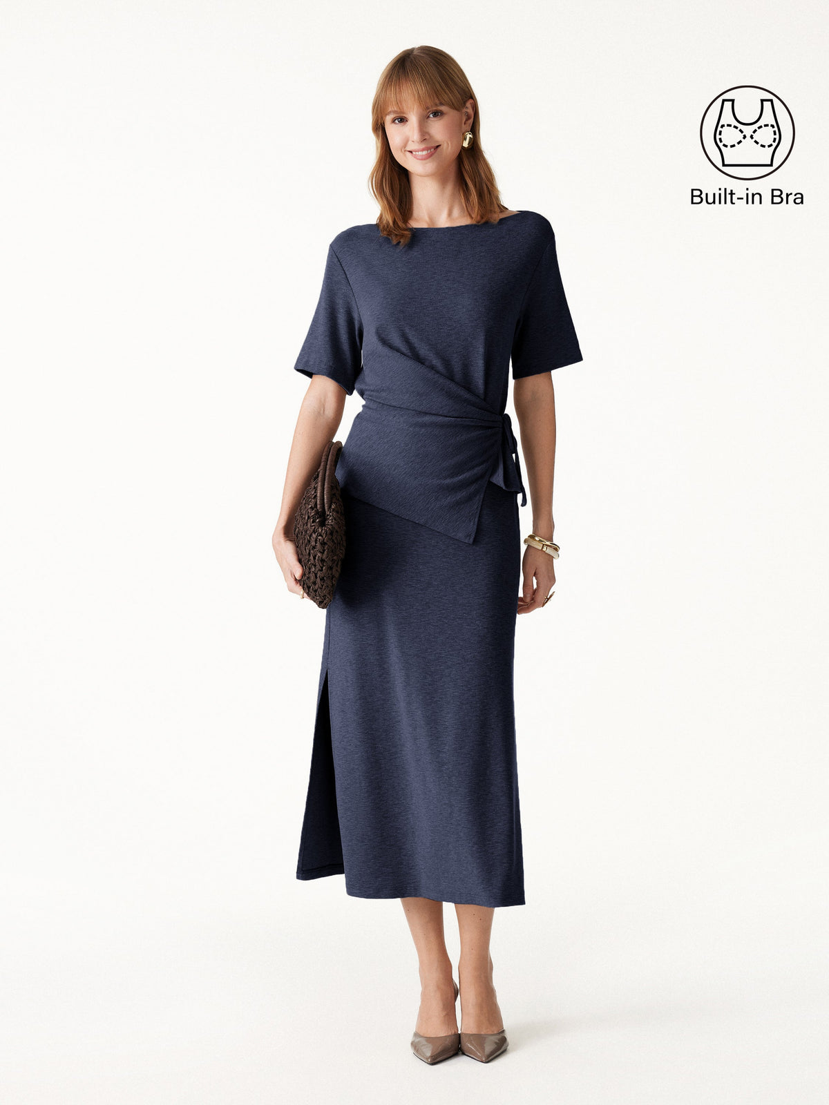 OGLmove Women's Tie-Side Top and Side-Slit Midi Skirt Set