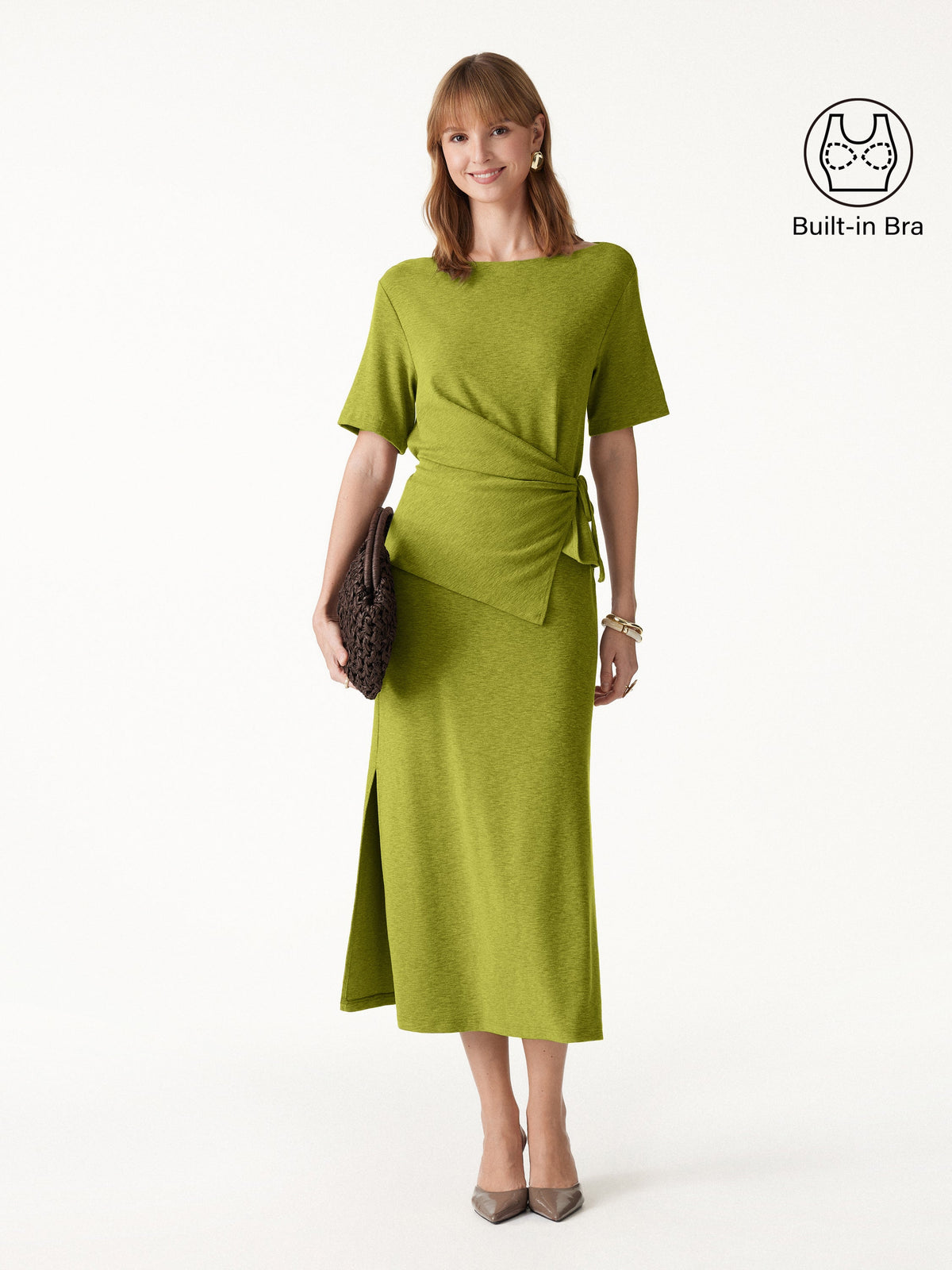 OGLmove Women's Tie-Side Top and Side-Slit Midi Skirt Set