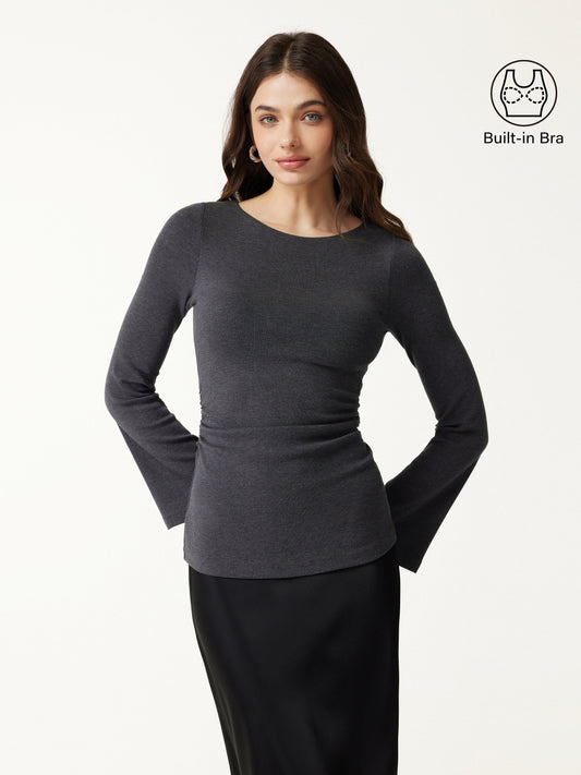 OGLmove Women's Eco-Mousse Round Neck Bell Sleeve Ruched Bra Top