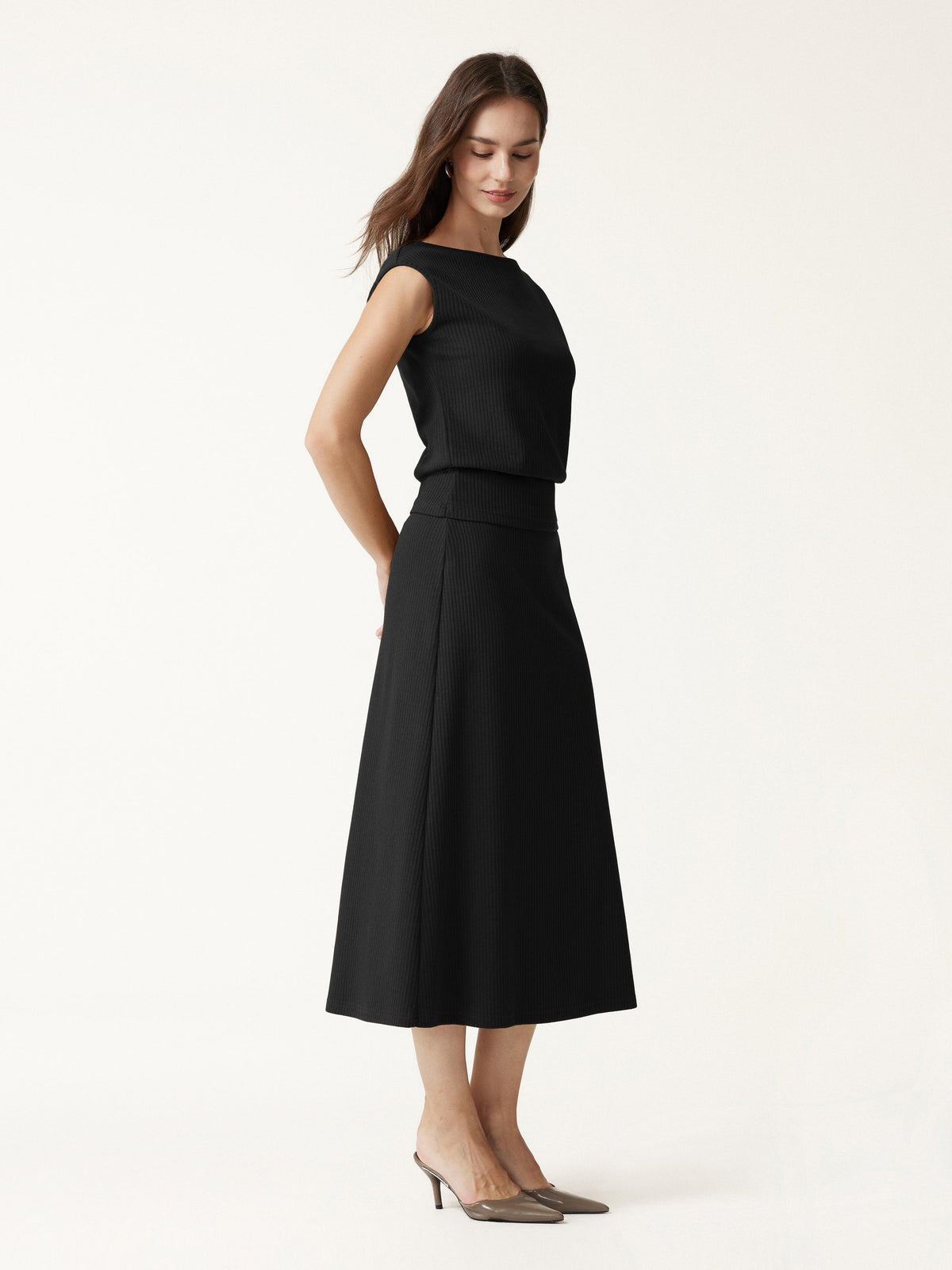 OGLmove Women's Boatneck Sleeveless Top and Midi Skirt Set