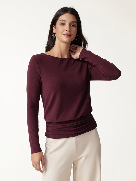 OGLmove Women's Eco-Mousse Boatneck Long Sleeve Ruched Banded Hem Top