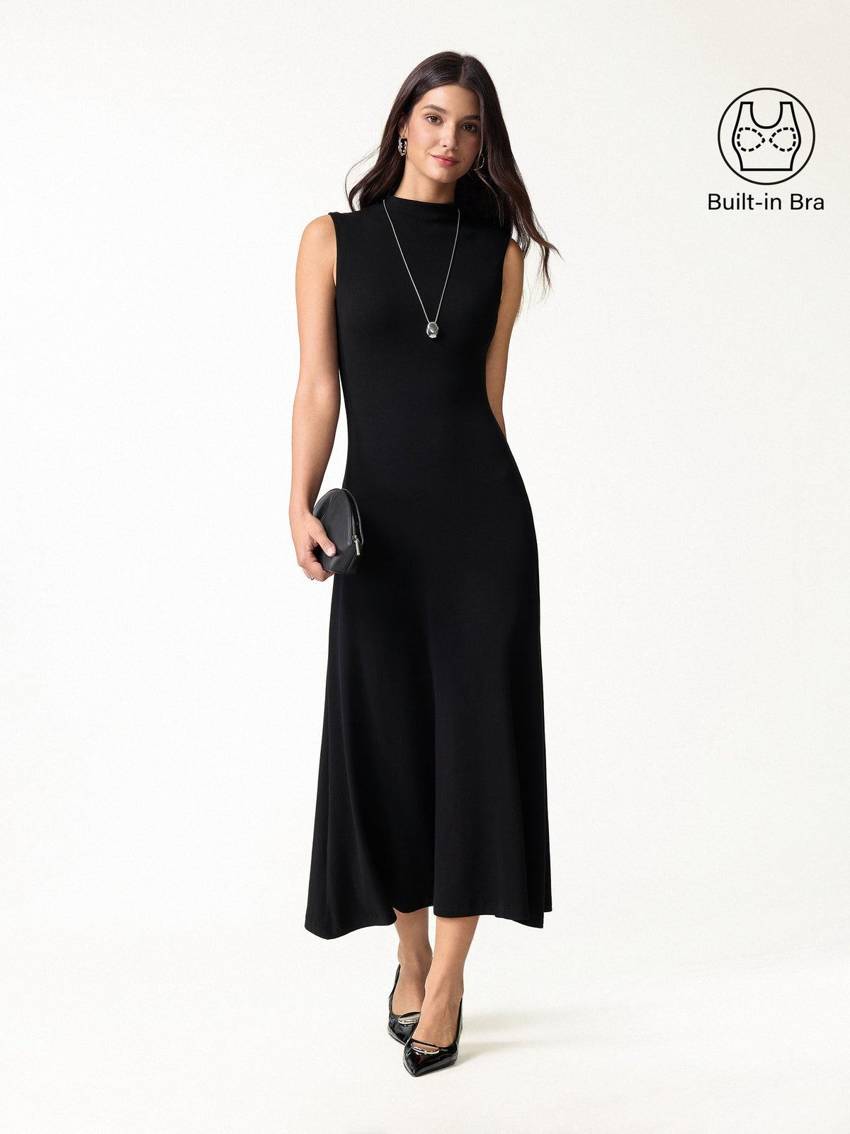 OGLmove Women's Eco-Mousse Mock Neck Sleeveless A-Line Midi Bra Dress