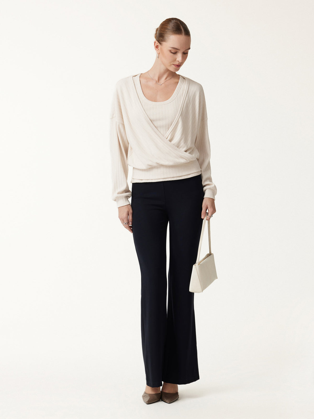 OGLmove Women's Wide Ribbed Crossover Long Sleeve Banded Hem Top