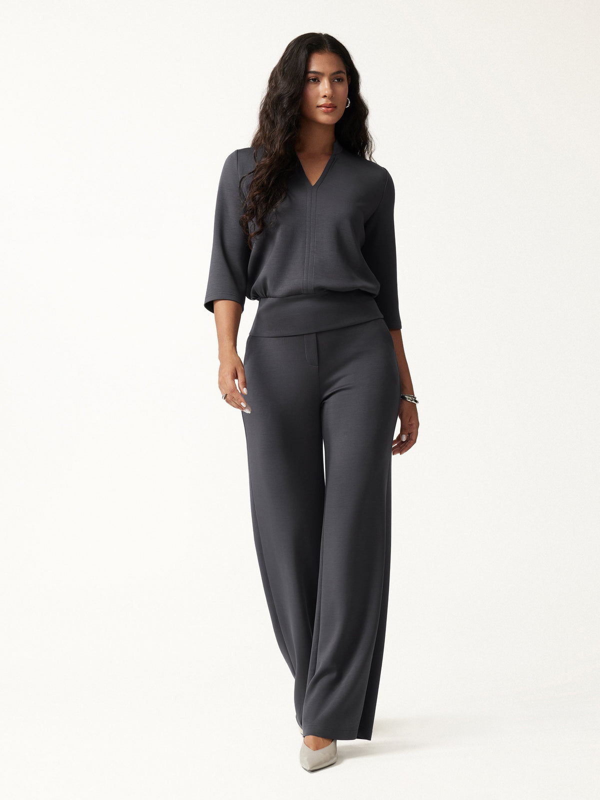 OGLmove Women's 2-Piece V-Neck Top and Wide Leg Pants Set