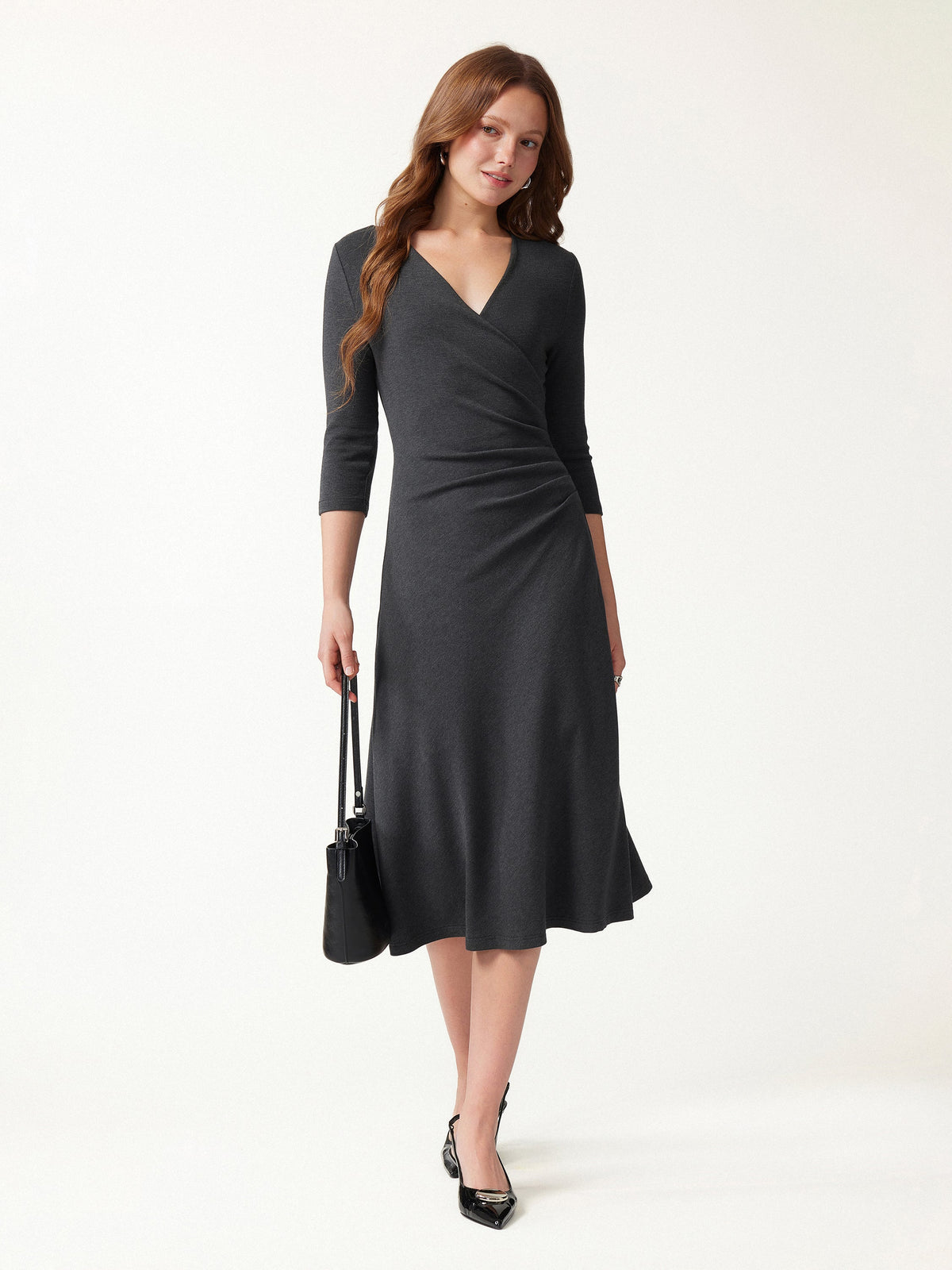 OGLmove Women's Eco-Mousse® Surplice 3/4 Sleeve Side-Tuck Midi Dress