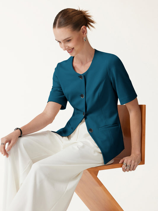 OGLmove Women's Ponte Round Neck Elbow Sleeve Jacket with Pockets