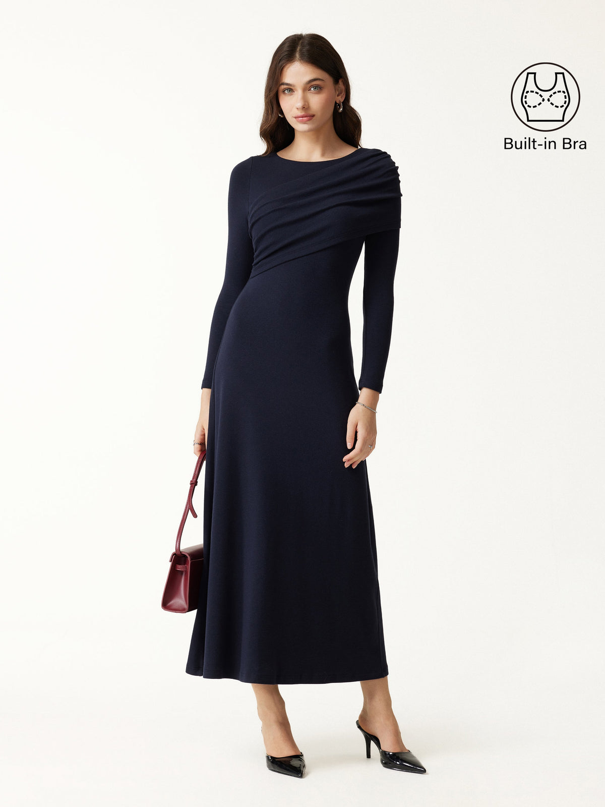 OGLmove Women's Eco-Mousse® Boatneck Ruched A-Line Midi Bra Dress