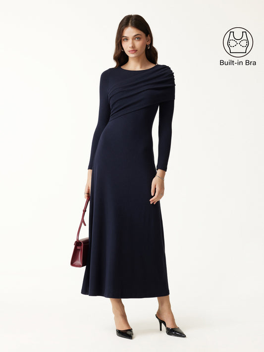 OGLmove Women's Eco-Mousse® Boatneck Ruched A-Line Midi Bra Dress