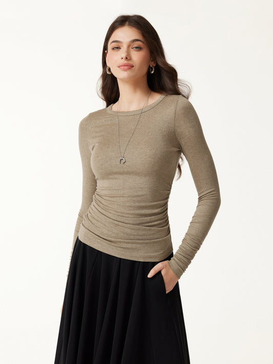 OGLmove Women's Lyocell-Wool Round Neck Long Sleeve Ruched Top