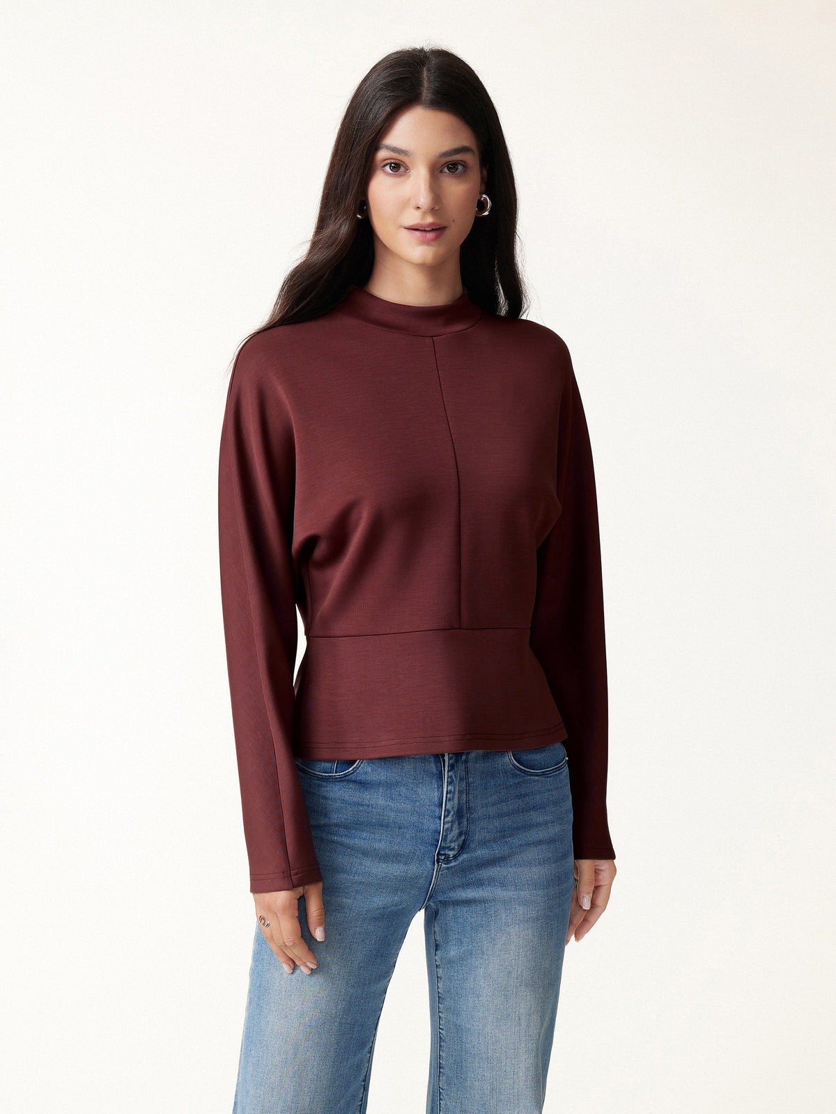 OGLmove Women's Modal Spacer Knit Mock Neck Batwing Sleeve Banded Hem Top