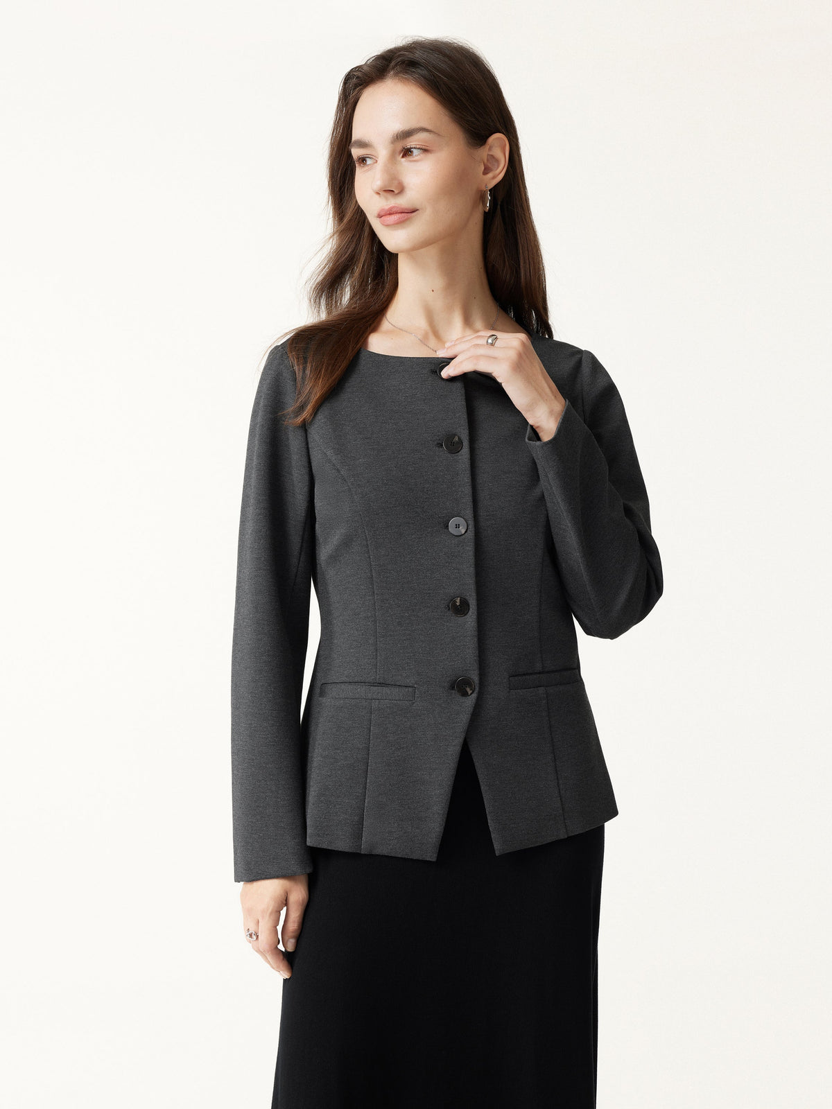 OGLmove Women's Ponte Round Neck Long Sleeve Jacket with Pockets