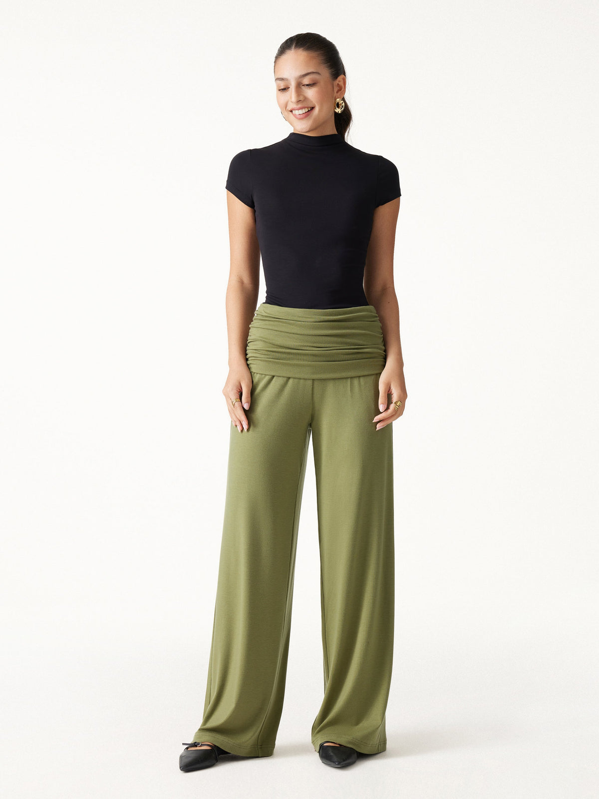 OGLmove Women's Wool Blend Drapey Wide-Leg Pull-On Pants with Pockets