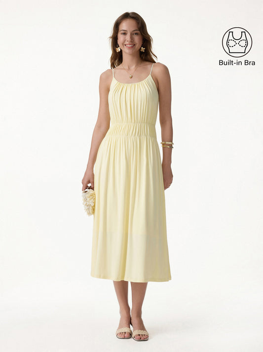 OGLmove Women's Vacay Gathered U-Neck Spaghetti Midi Bra Dress