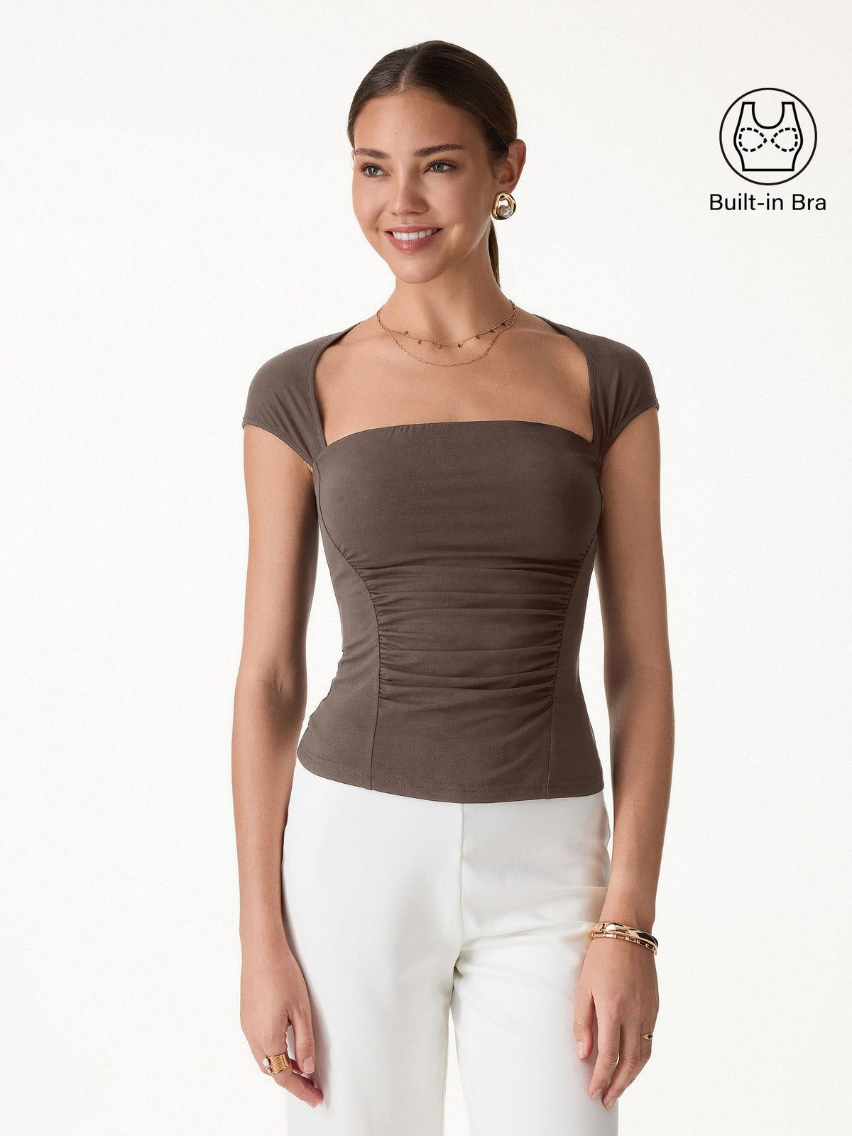 OGLmove Women's SkinKiss Square Neck Cutout Back Ruched Bra Top