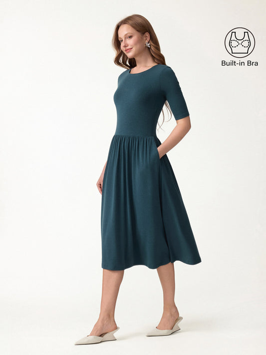 OGLmove Women's Eco-Mousse Round Neck Elbow Sleeve Bra Midi Dress