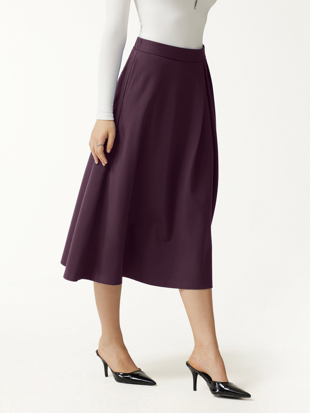 OGLmove Women's Ponte Mid-Rise Tucked A-Line Midi Skirt with Pockets