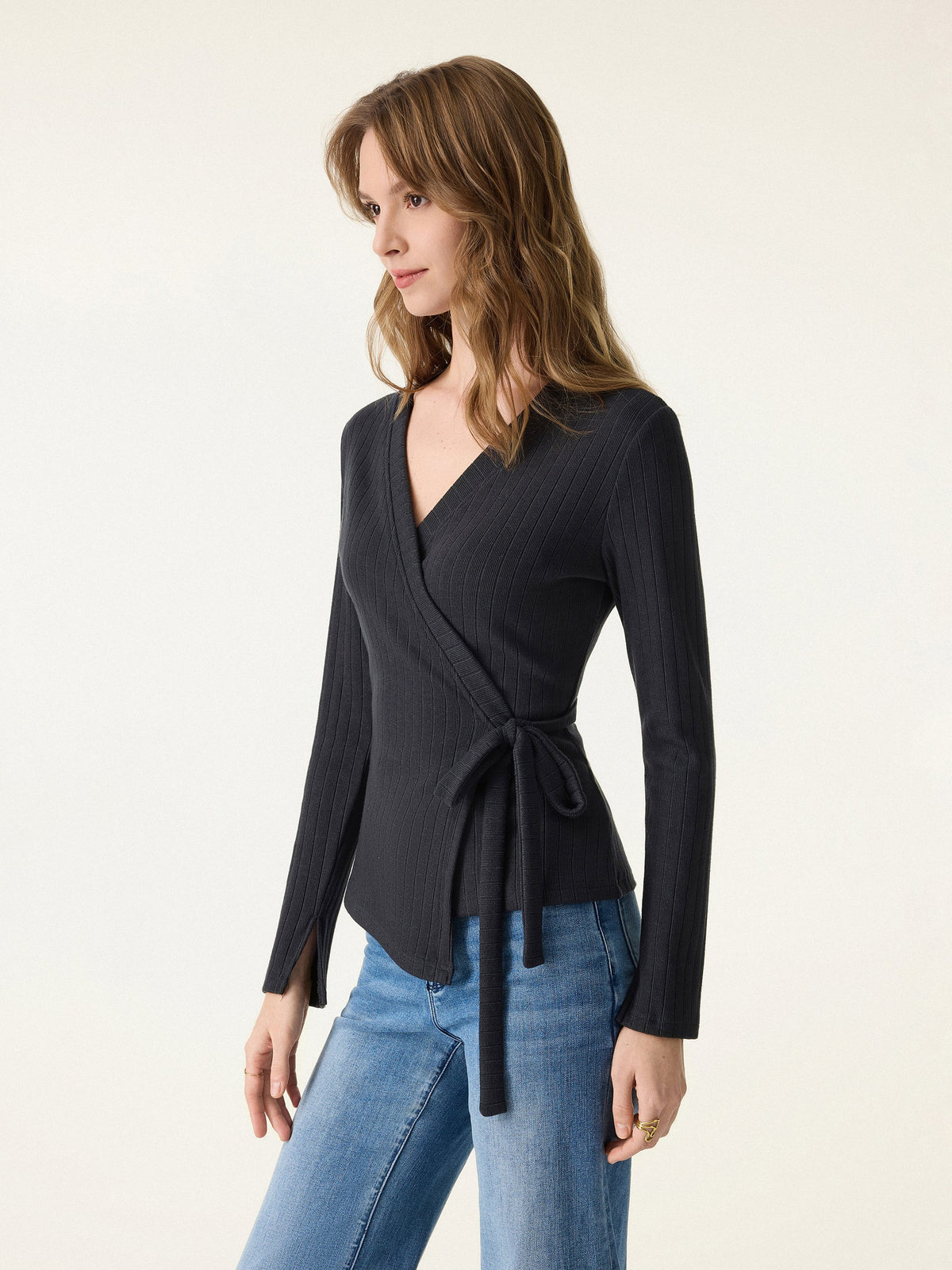OGLmove Women's Wide Ribbed Crossover Long Sleeve Tie-Waist Top