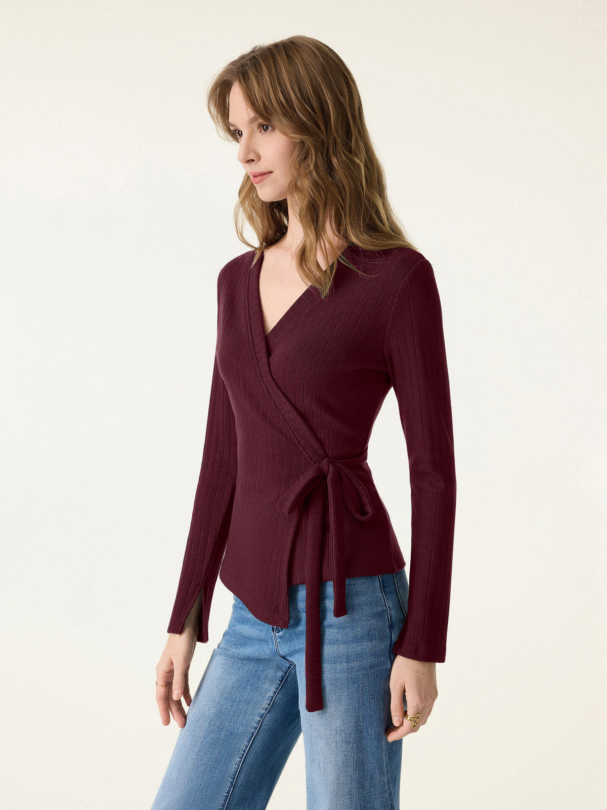 OGLmove Women's Wide Ribbed Crossover Long Sleeve Tie-Waist Top