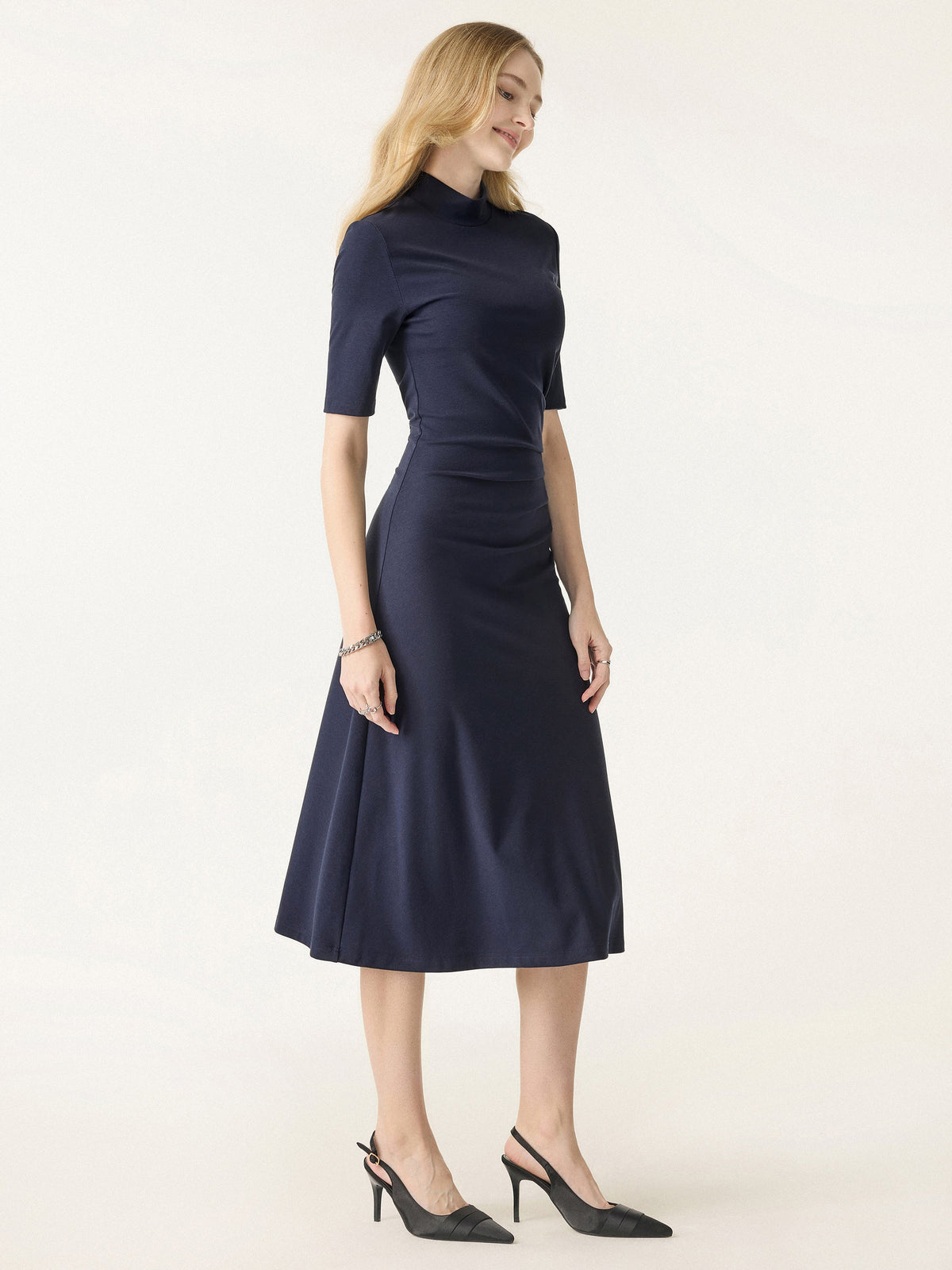 OGLmove Women's Cotton Blend Mock Neck Tucked Midi Dress