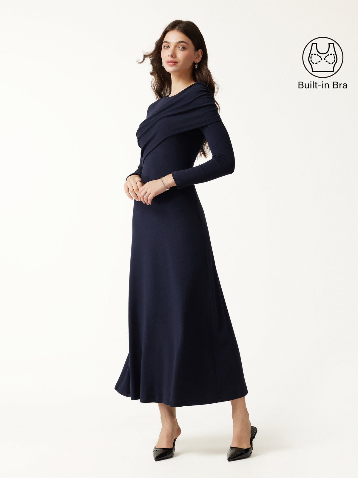OGLmove Women's Eco-Mousse Boatneck Ruched A-Line Midi Bra Dress