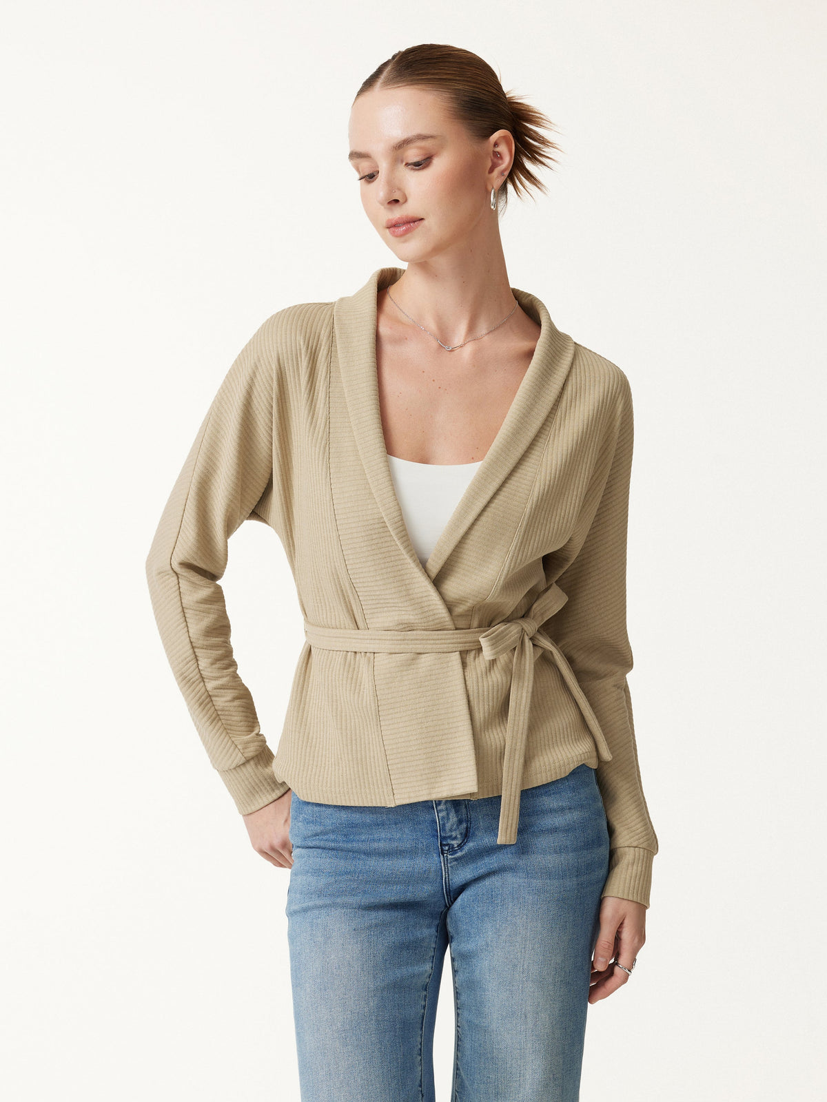 OGLmove Women's Textured Cotton Blend Lapel Belted Open-Front Jacket