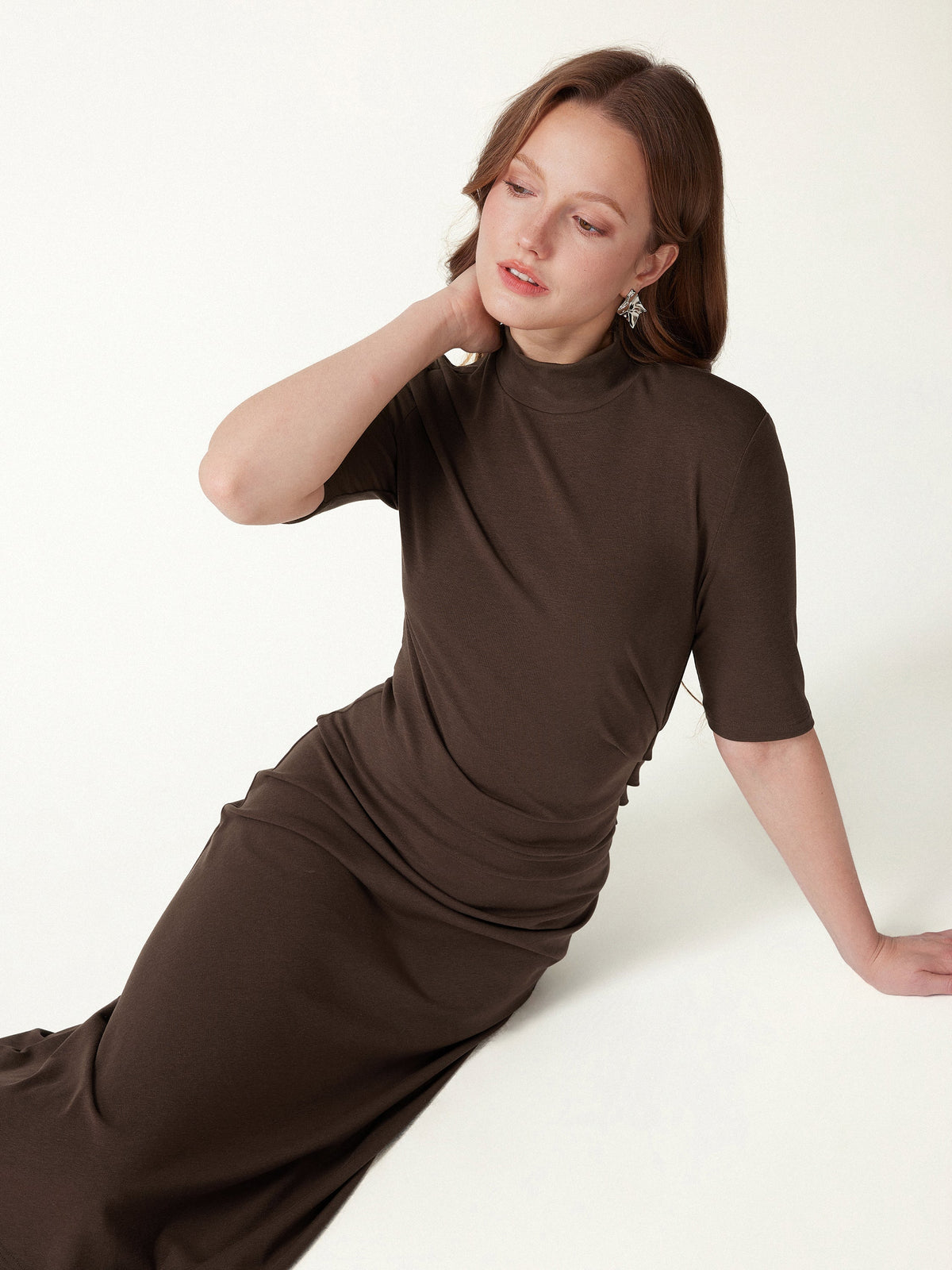 OGLmove Women's Cotton Blend Mock Neck Tucked A-Line Midi Dress