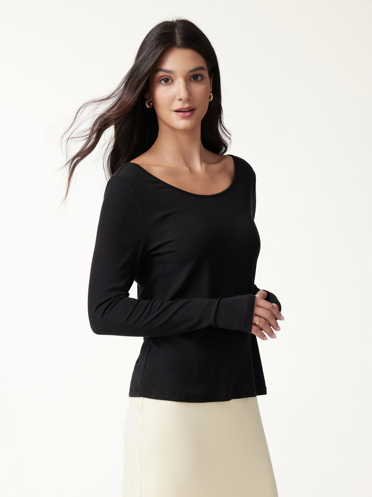 OGLmove Women's Lyocell-Wool Scoop Neck Thumbhole Long Sleeve Top