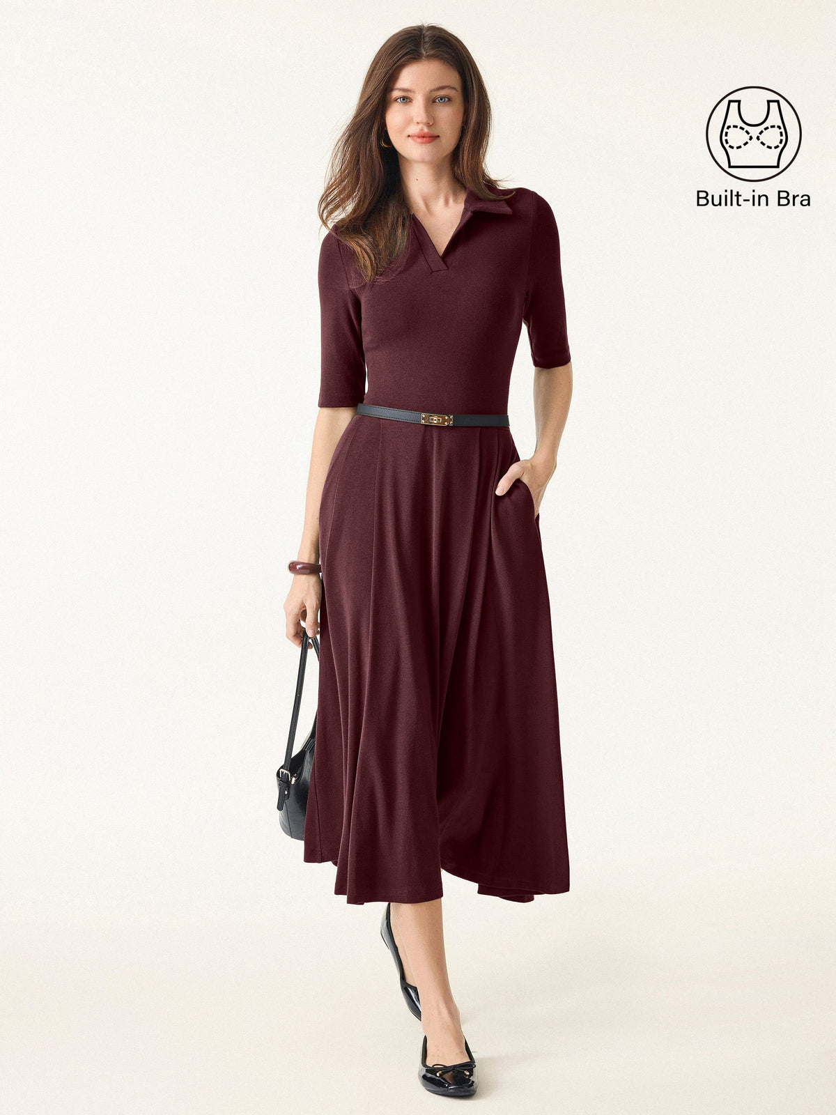 OGLmove Women's Polo Neck Elbow-Sleeve Midi Bra Dress