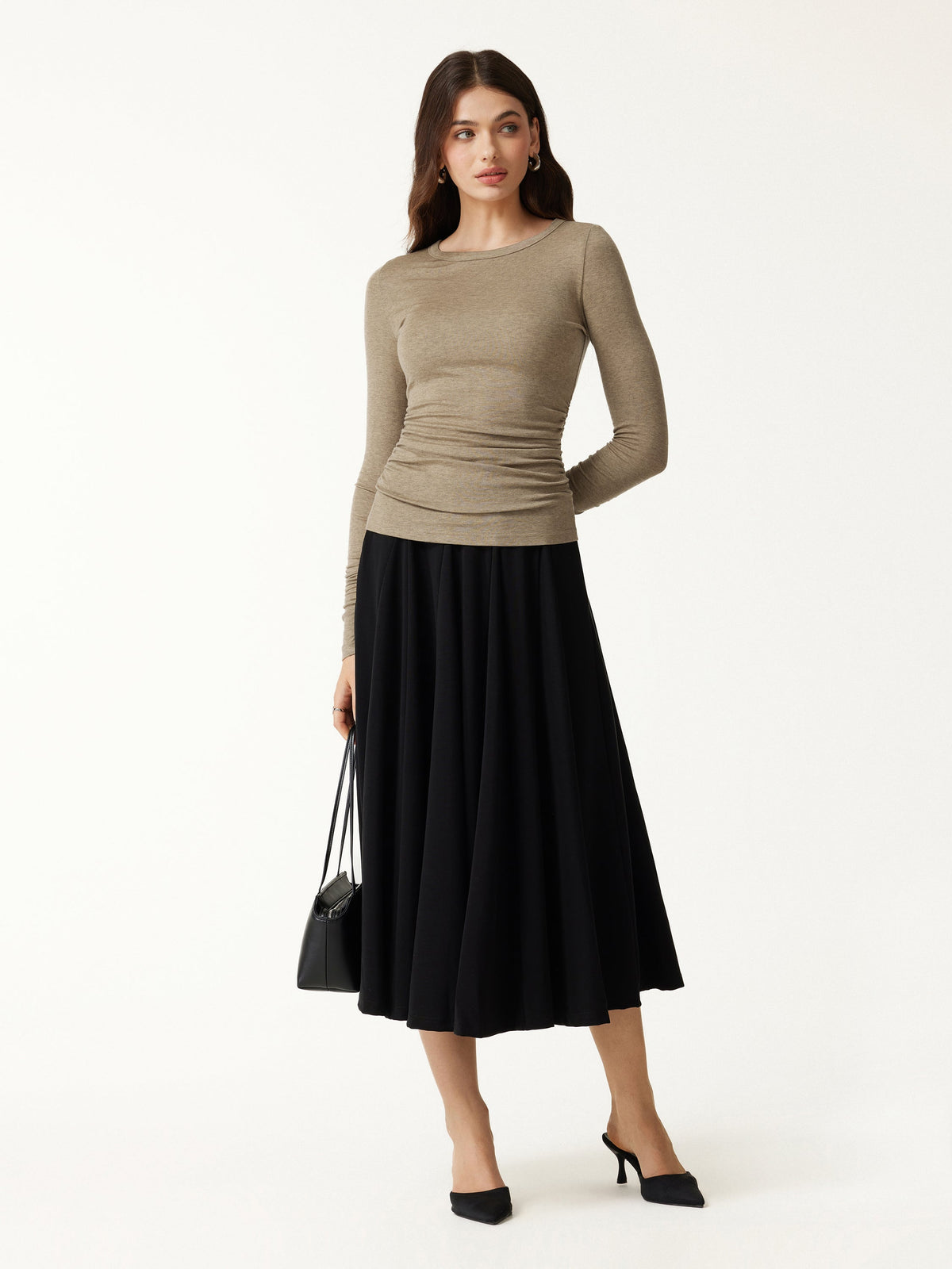 OGLmove Women's Lyocell-Wool Round Neck Long Sleeve Ruched Top