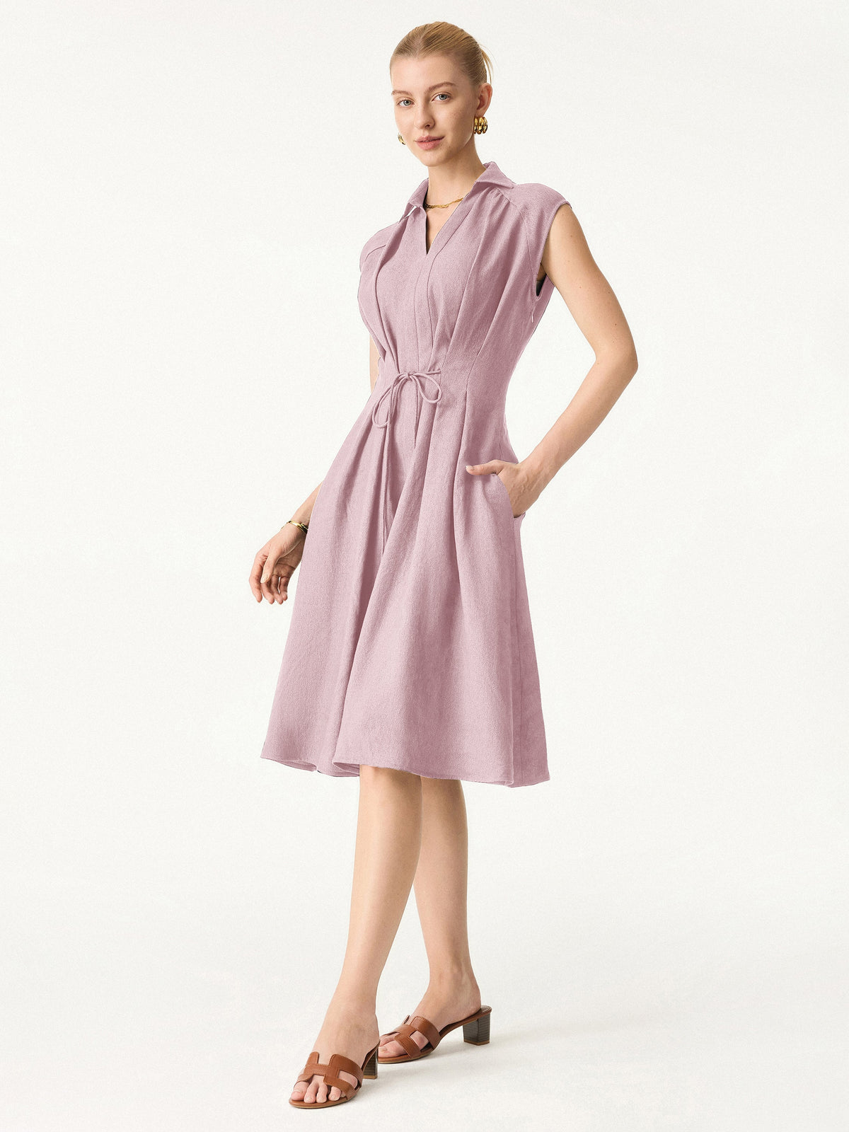 OGLmove Women's Viscose-Linen V-Neck Midi Dress with Drawstring