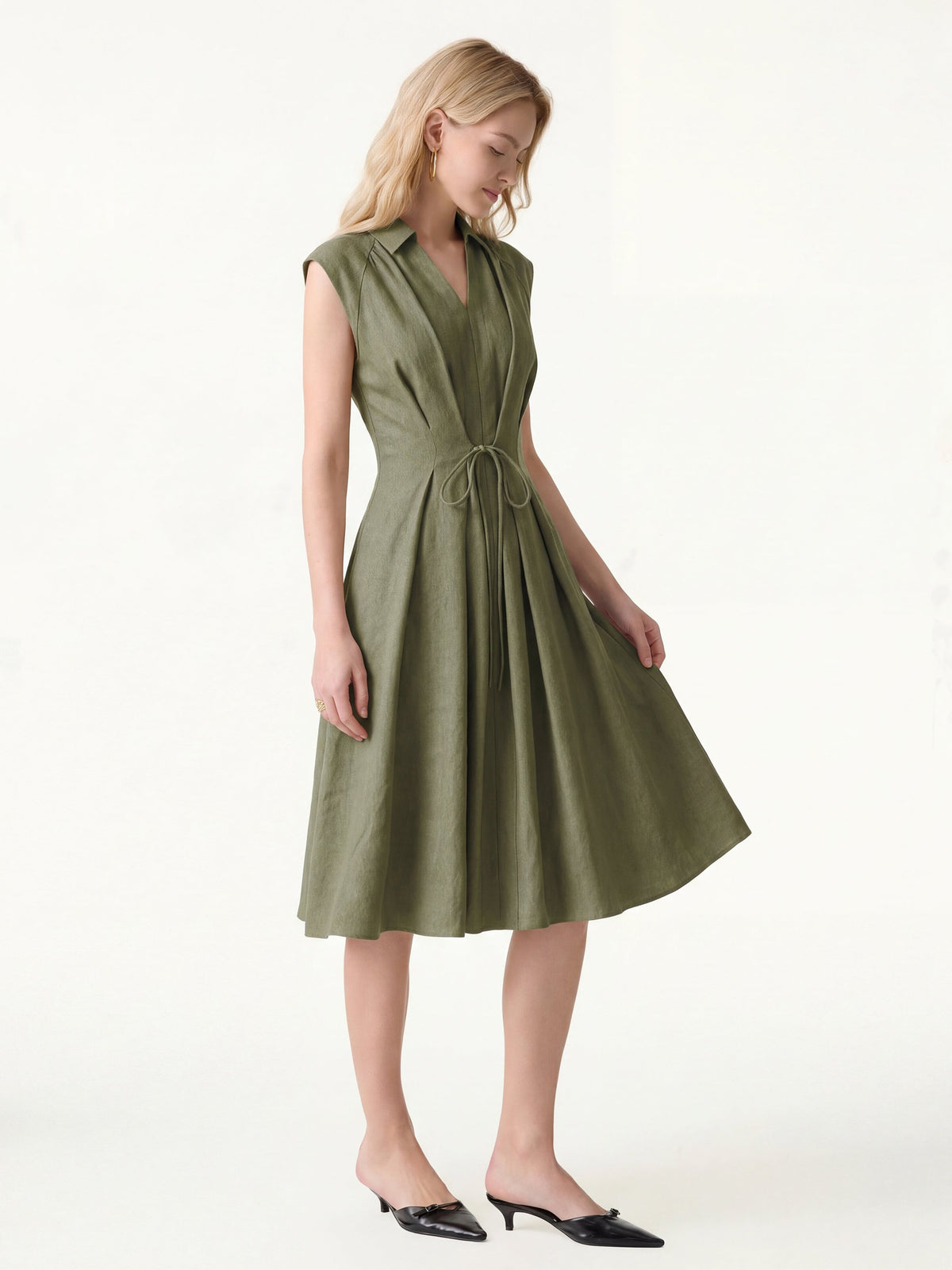 OGLmove Women's Viscose-Linen V-Neck Midi Dress with Drawstring