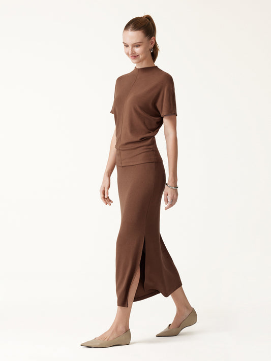 OGLmove Women's Mock Neck Cap Sleeve Seamed Top & Mid-Rise Column Midi Skirt Set