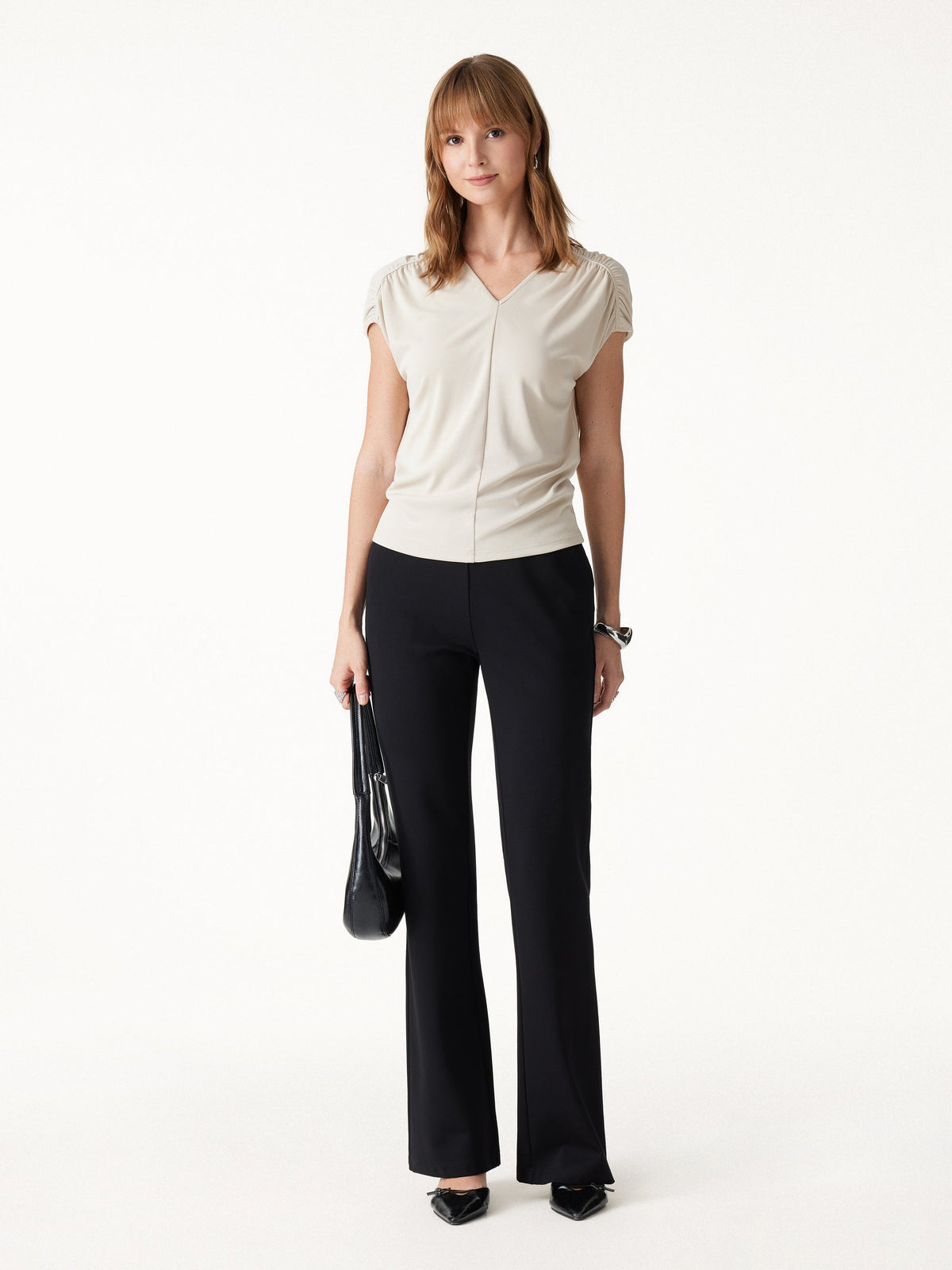 OGLmove Women's Modal Relaxed V-Neck Gathered Shoulder Top