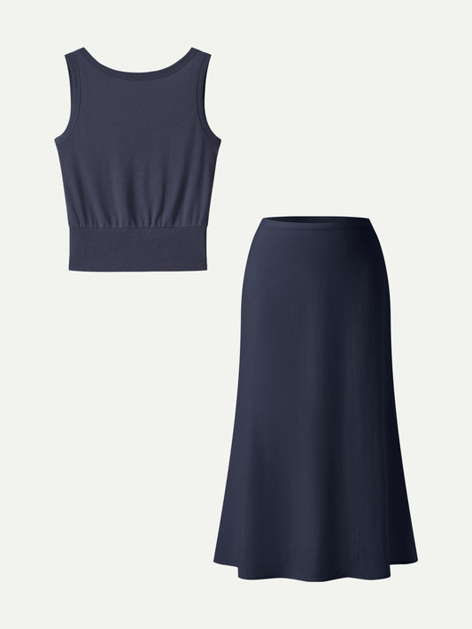 OGLmove Women's Reversible Boatneck Top and Maxi Flared Pull-On Skirt Set