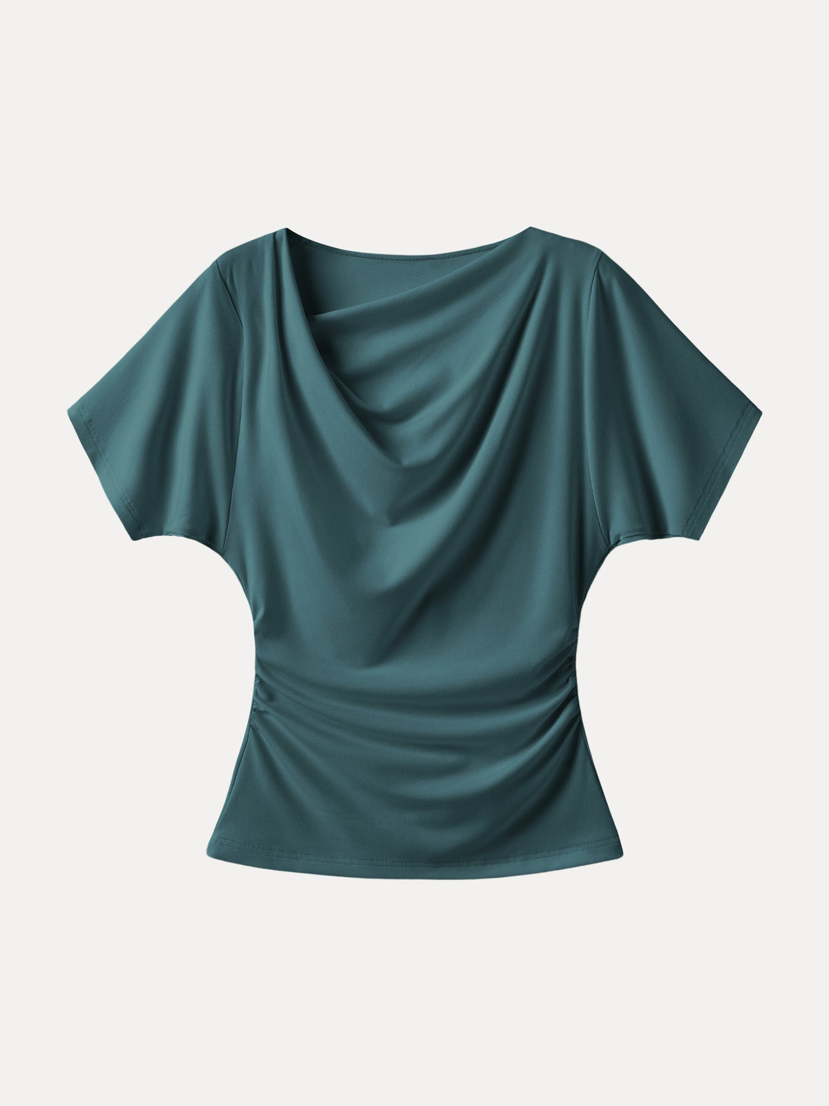 OGLmove Women's Light Cotton Rib Asymmetrical Cowl Neck Ruched Top