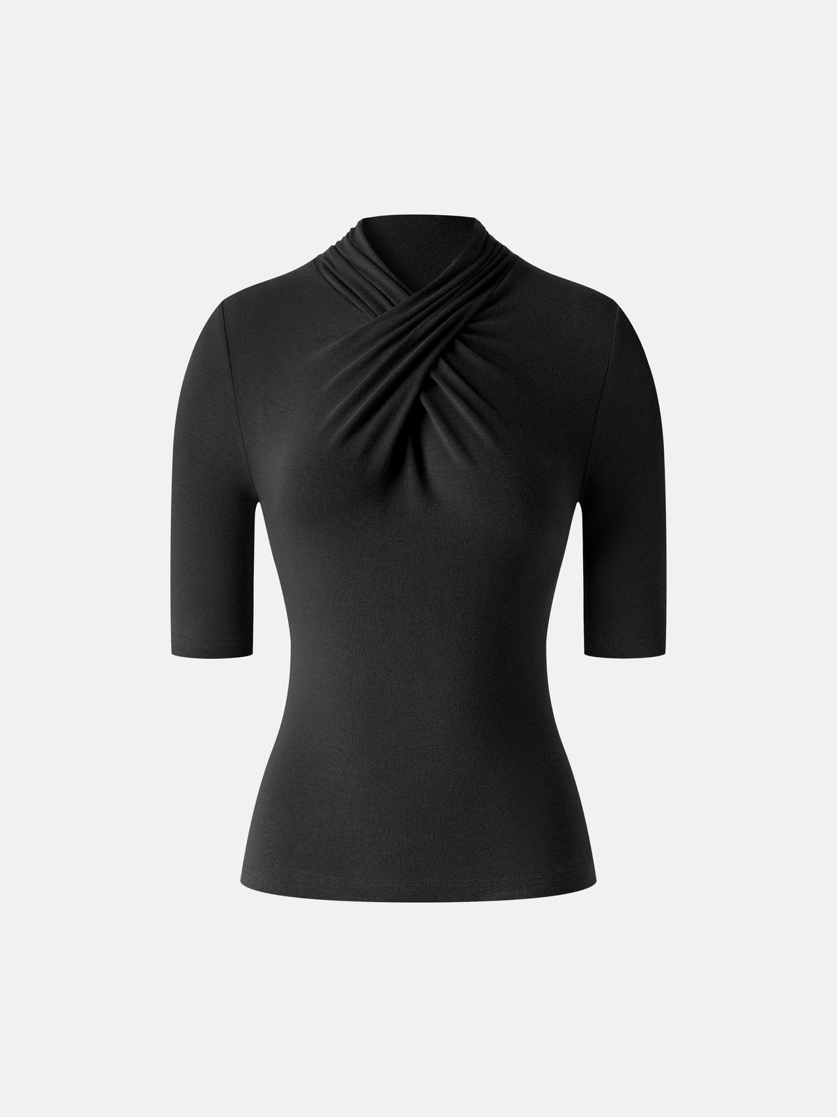 OGLmove Women's Eco-Mousse Crisscross Mock Neck Elbow Sleeve Ruched Top