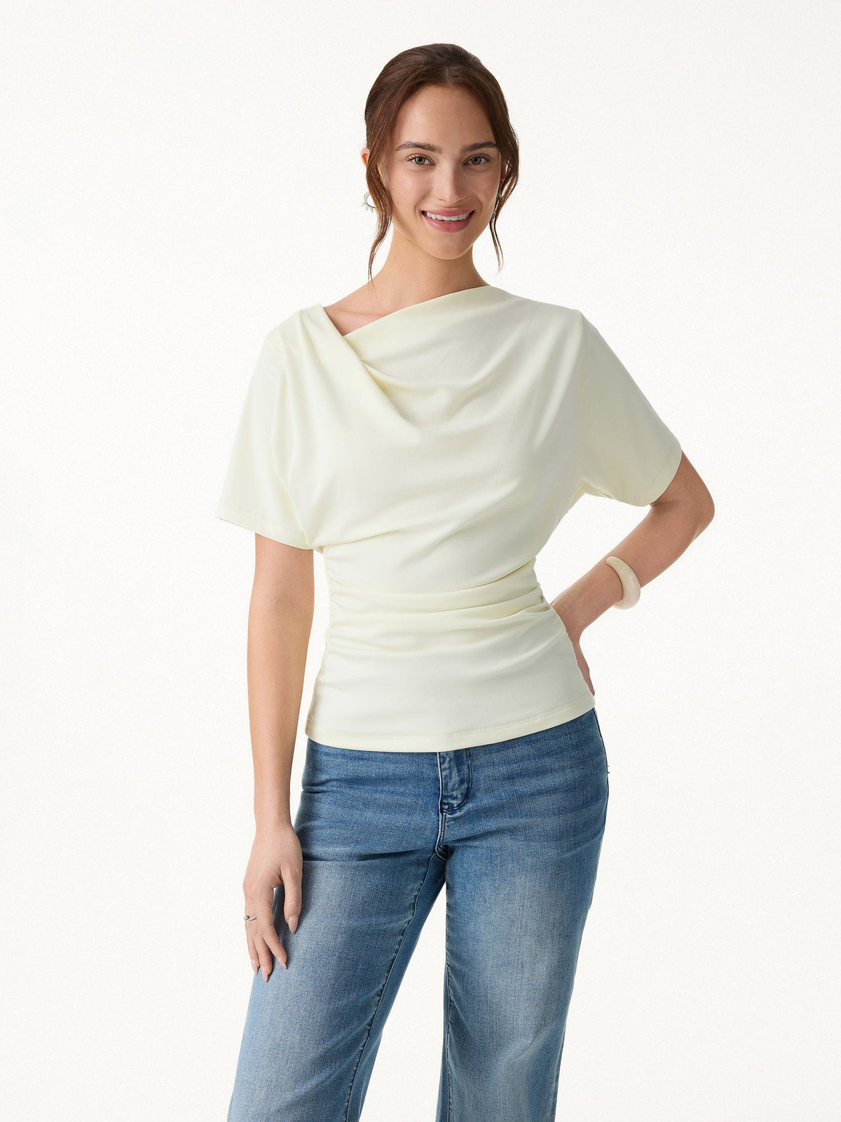 OGLmove Women's Light Cotton Rib Asymmetrical Cowl Neck Ruched Top