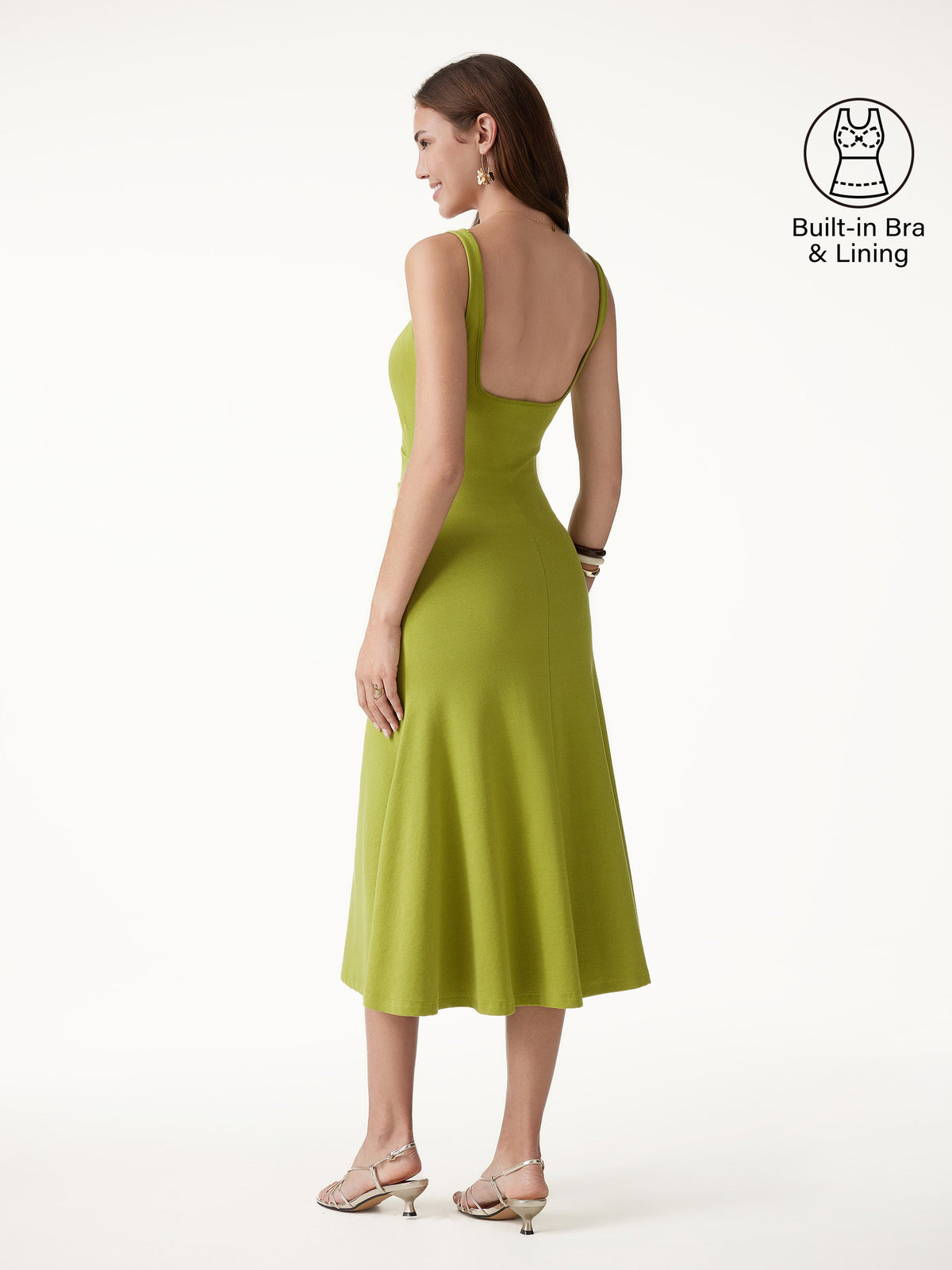 OGLmove Women's Square Neck Tucked Open Back Midi Bra Dress