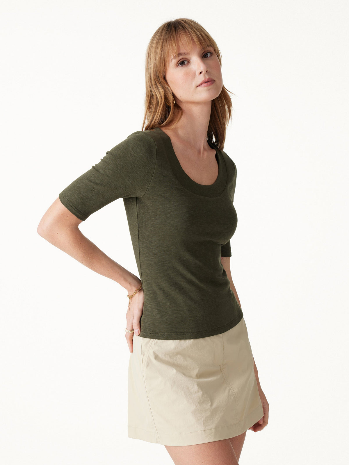 OGLmove Women's Eco-Mousse Slub U-Neck Elbow Sleeve Bra Top
