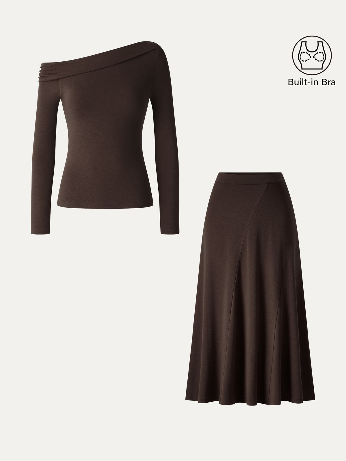 OGLmove Women's Asymmetrical Long Sleeve Bra Top and Midi Skirt Set