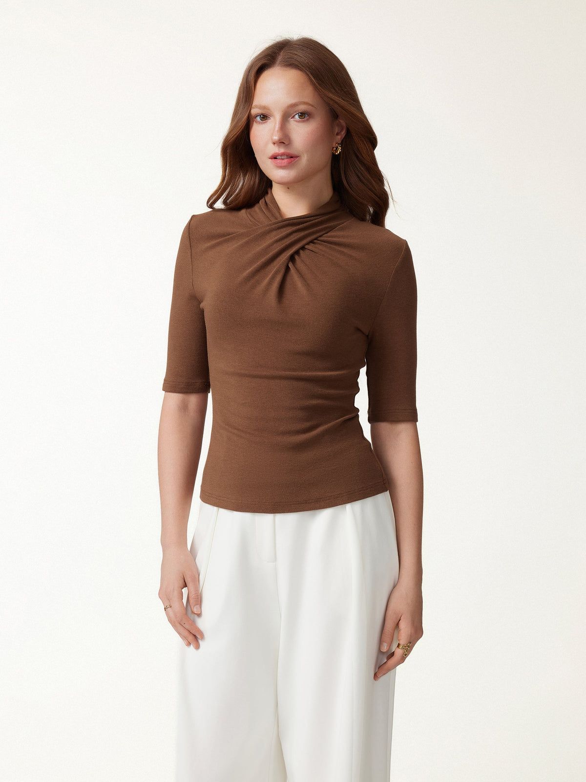 OGLmove Women's Eco-Mousse Crisscross Mock Neck Elbow Sleeve Ruched Top
