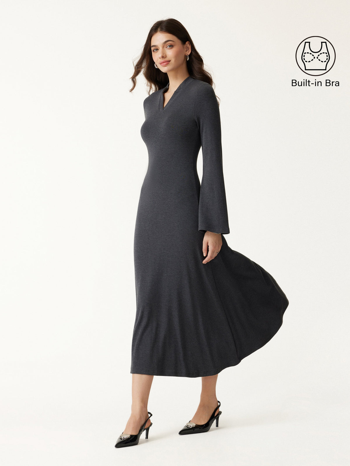 OGLmove Women's Eco-Mousse V-Neck Long Sleeve Midi Dress