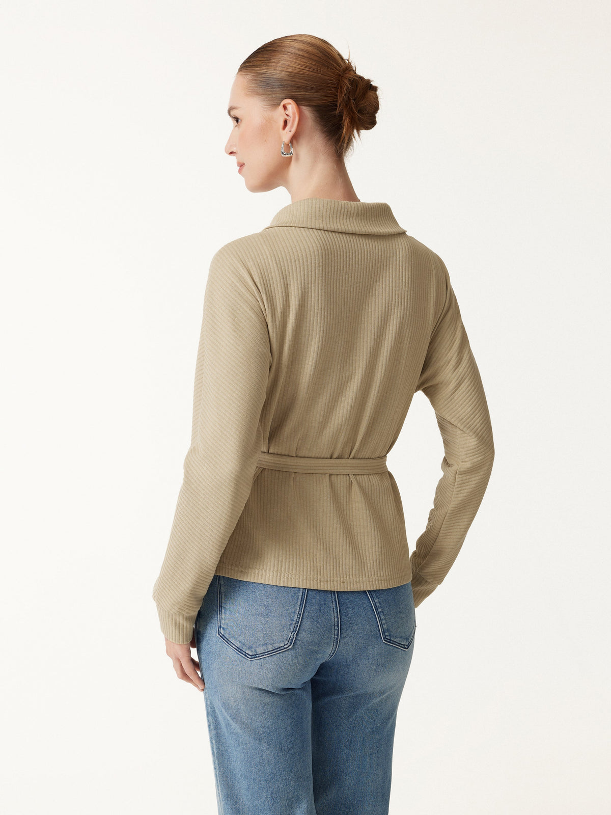 OGLmove Women's Textured Cotton Blend Lapel Belted Open-Front Jacket