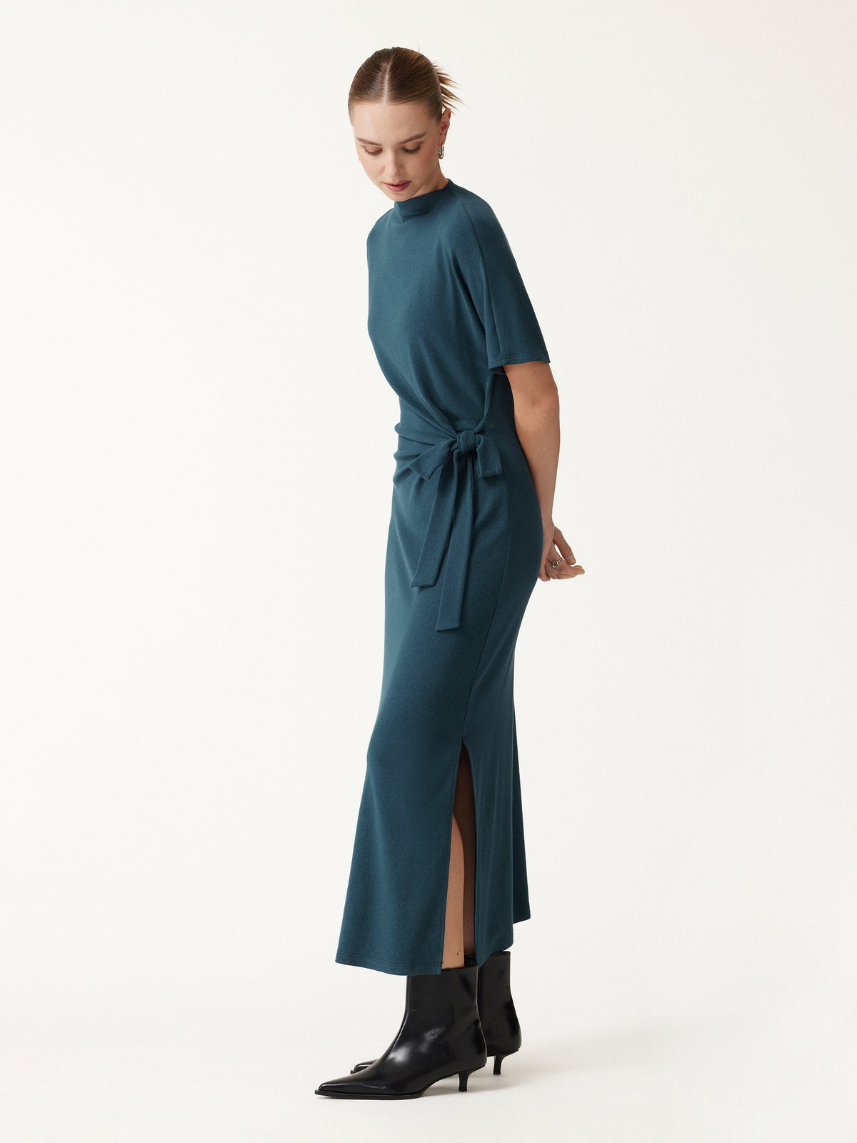 OGLmove Women's Eco-Mousse® Mock Neck Tie-Waist Midi Dress