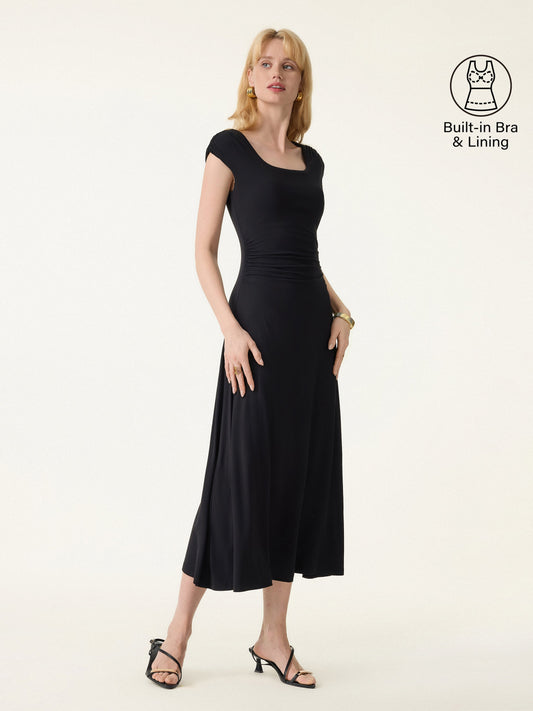 OGLmove Women's SkinKiss Cooling Square Neck Ruched Midi Bra Dress