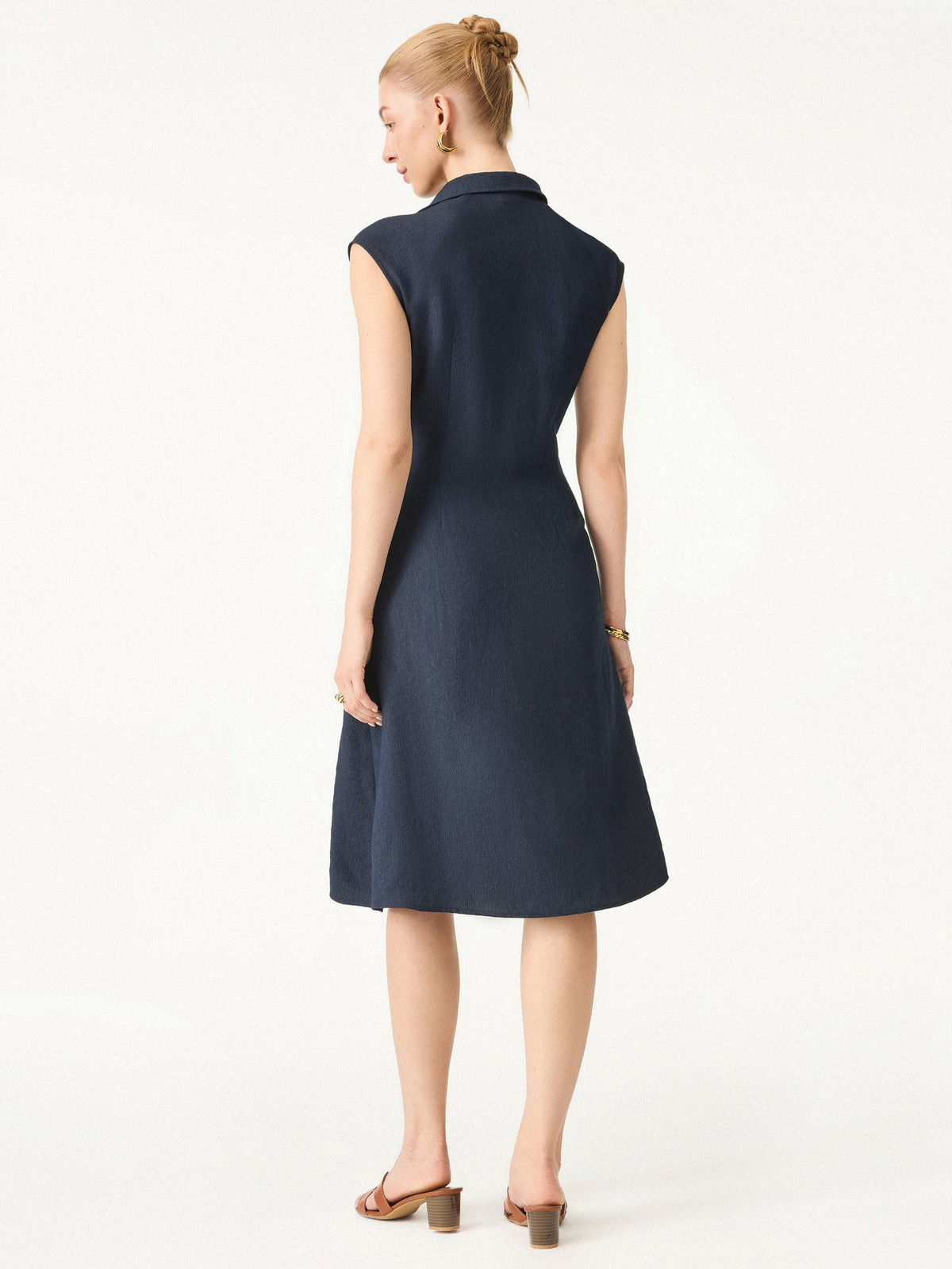 OGLmove Women's Viscose-Linen V-Neck Midi Dress with Drawstring