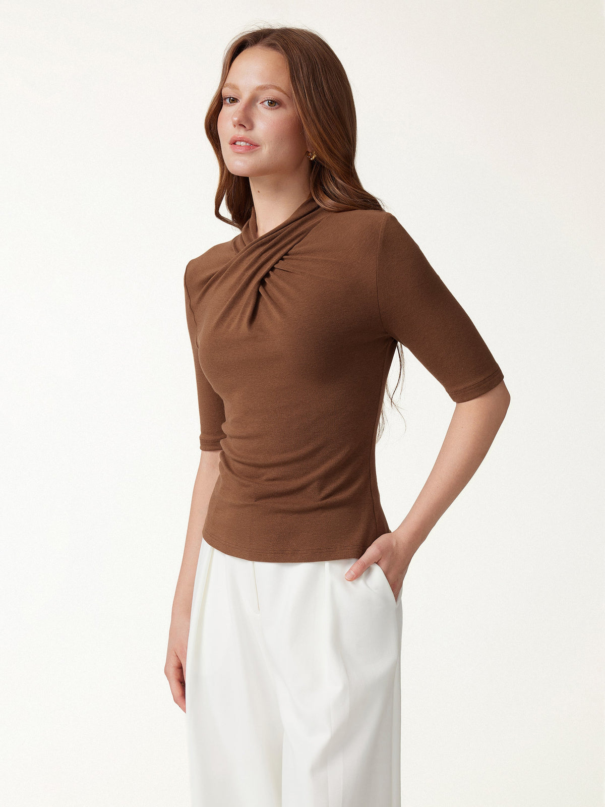 OGLmove Women's Crisscross Mock Neck Elbow Sleeve Ruched Top